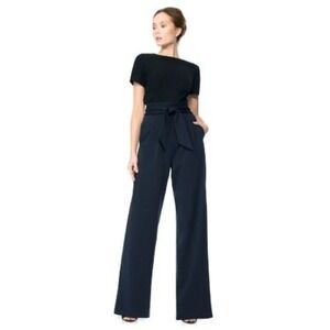 Tadashi Shoji Ponte Knit Tie Waist Pants Women Large Wide Leg Navy Blue Classic
